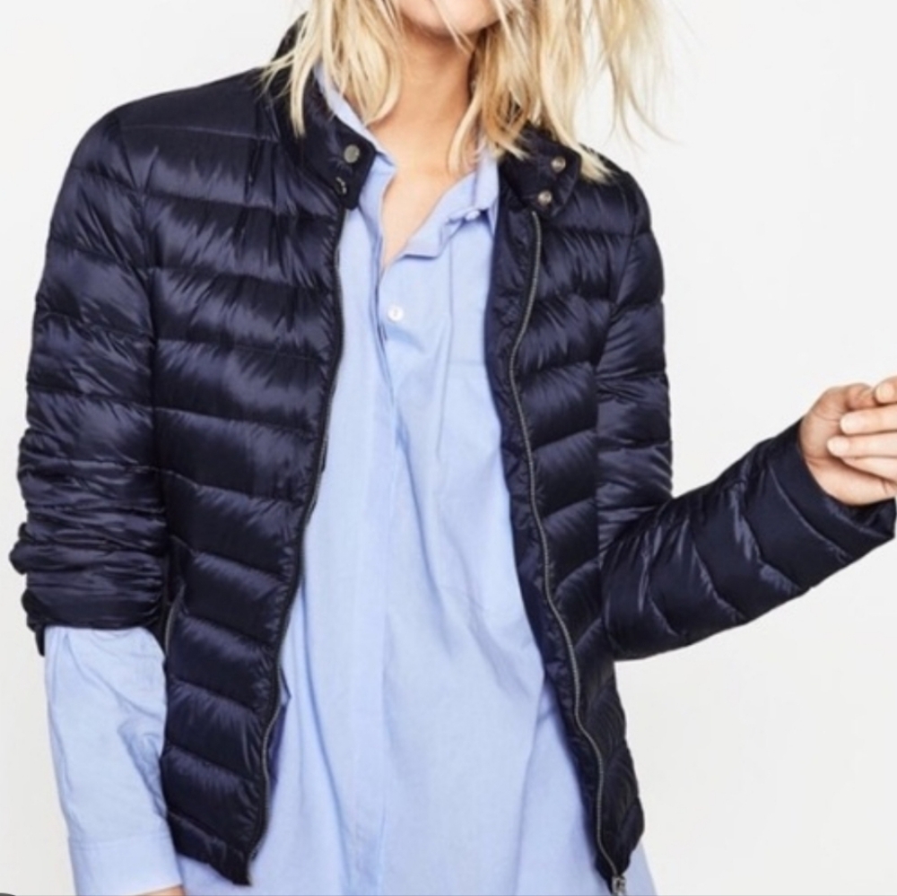 Zara Lightweight‎ Navy Down Puffer Jacket Size Small Silver Hardware